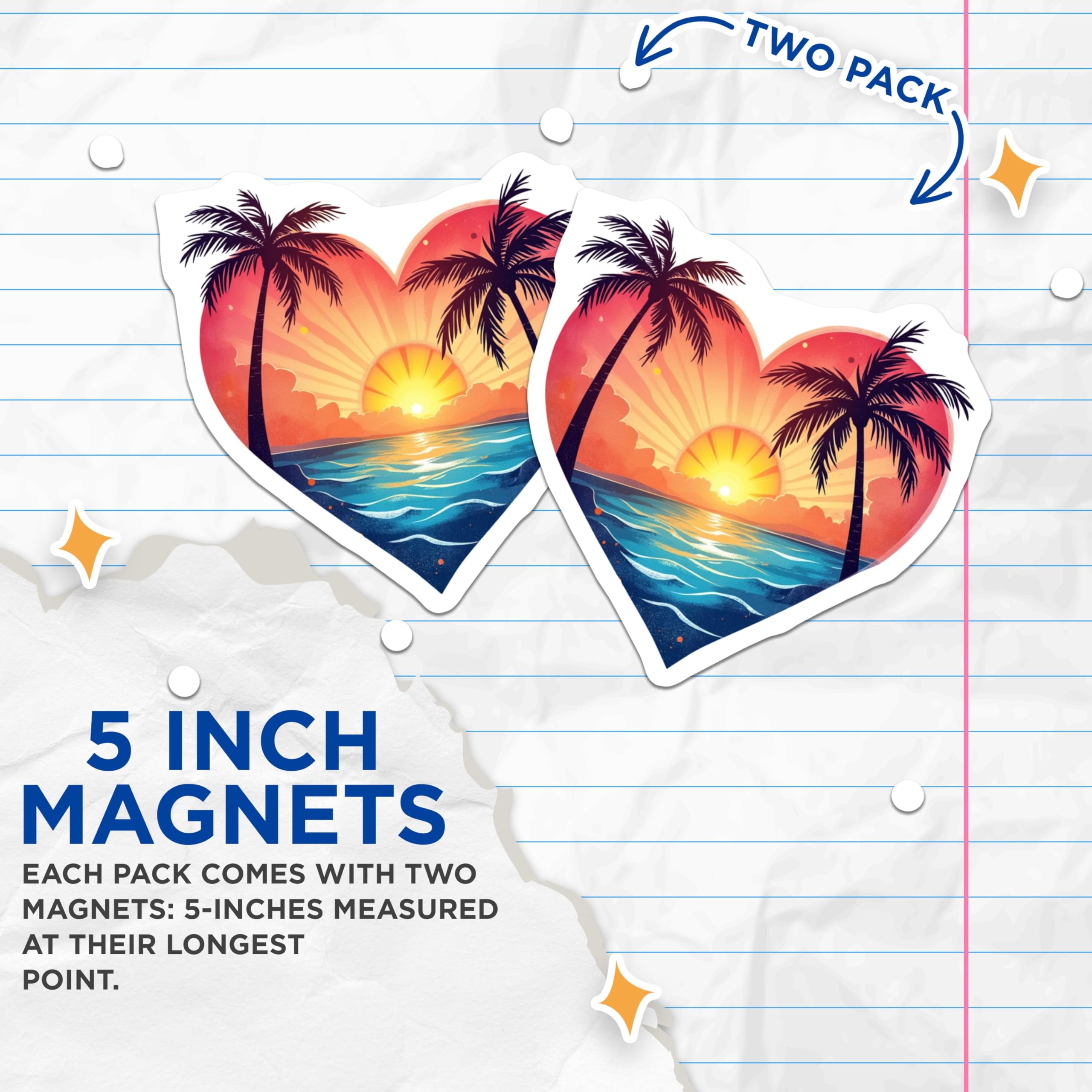 (2 Pack) Tropical Sunset Magnets - Beach Heart Decor - Palm Tree Scene - 5 Inches On Longest Side - Thick Durable Magnet - Made in USA - MAG23863