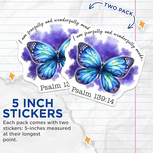 (2 Pack) Inspirational Butterfly Stickers - Psalm 139:14 - Religious Quote Stickers - 5" On Longest Side - Sticks to Smooth Flat Surfaces - Made in USA - BMCS9739
