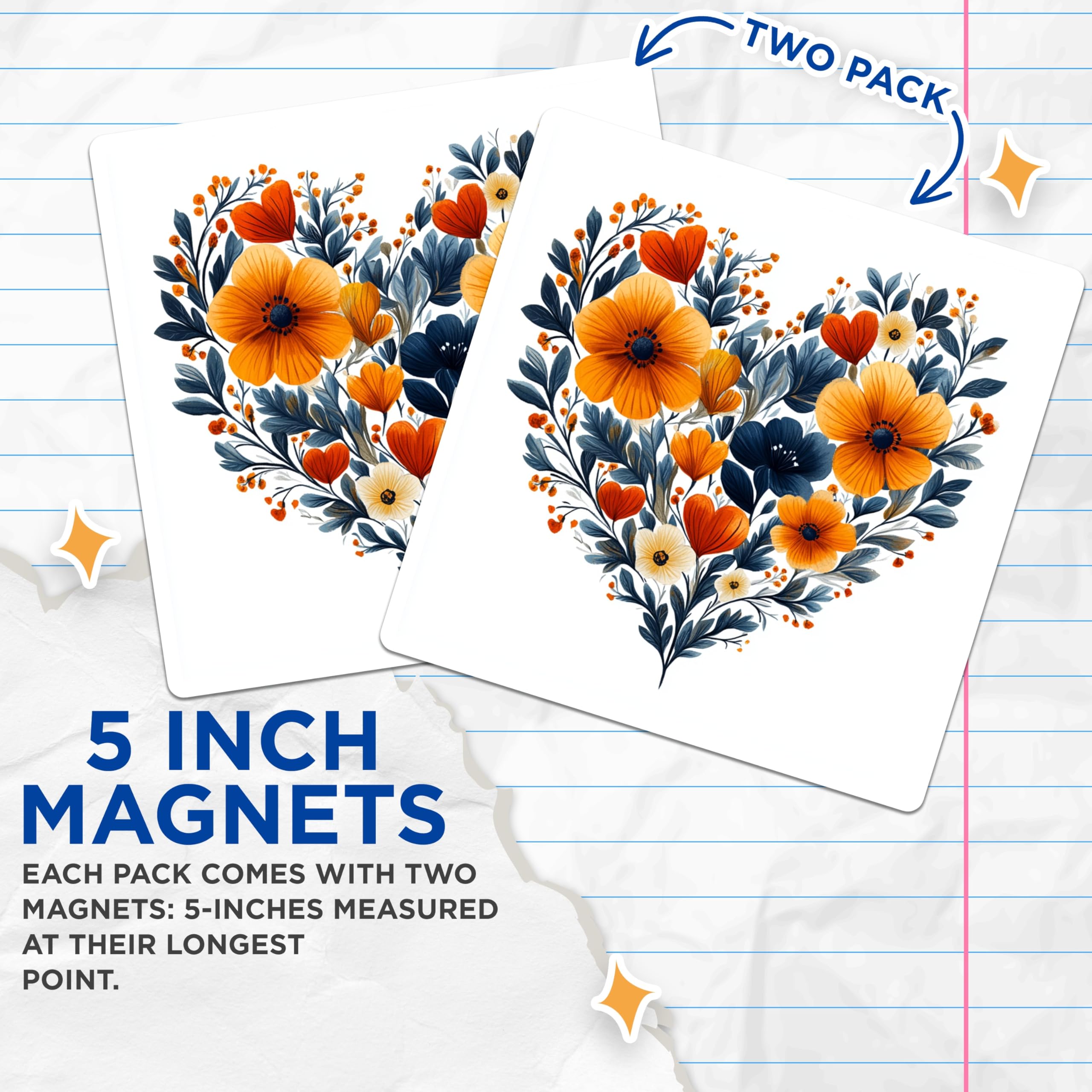 (2 Pack) Floral Heart Magnets - Botanical Fridge Decor - Romantic Kitchen Accent - 5 Inches On Longest Side - Thick Durable Magnet - Made in USA - MAG30898