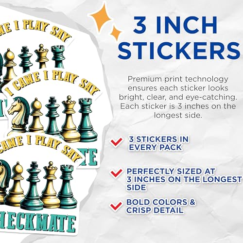 (3 Pack) Chess Decals - Chess Pieces - Checkmate Decal - 3 Inches On Longest Side - Easy Peel & Apply - Made in USA - 3MCS1968
