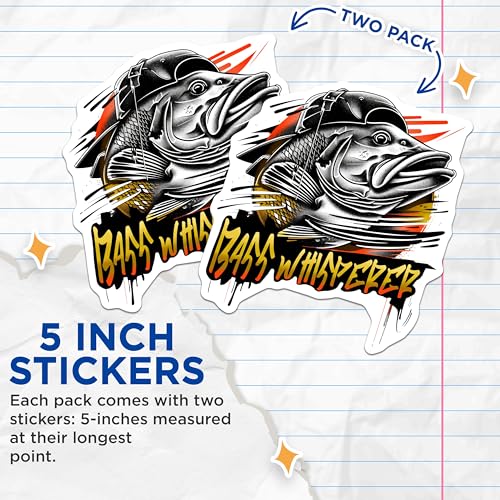 (2 Pack) Bass Whisperer Stickers - Fishing Lover Stickers - Angler Decal Stickers - 5" On Longest Side - Sticks to Any Smooth Flat Surface - Made in USA - BMCS3358