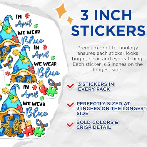 (3 Pack) Autism Awareness Decals - Gnome Puzzle Piece - We Wear Blue - 3 Inches On Longest Side - Easy Peel & Apply - Made in USA - 3MCS7574