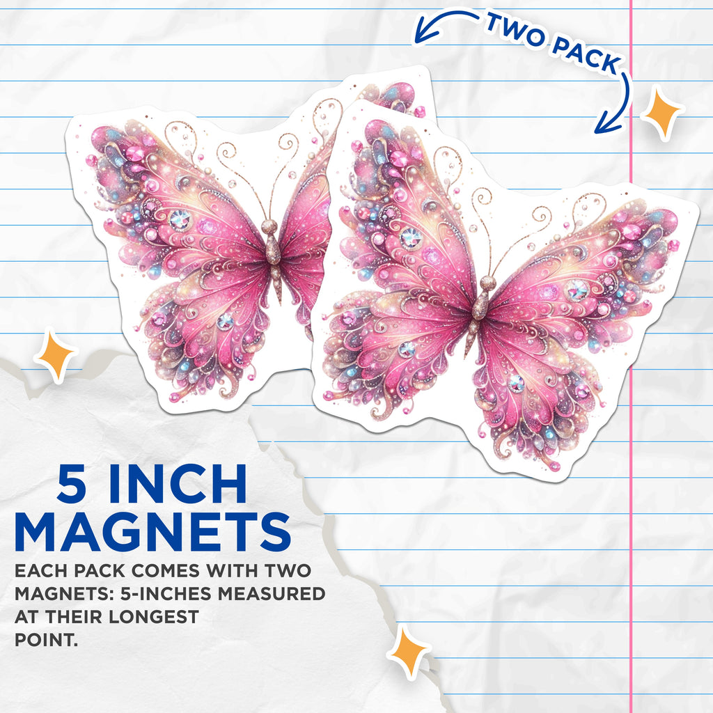 (2 Pack) Pink Butterfly Magnets - Sparkly Fairycore Decor - Whimsical Fridge Locker Magnets - 5 Inches On Longest Side - Thick Durable Magnet - Made in USA - MAG38637