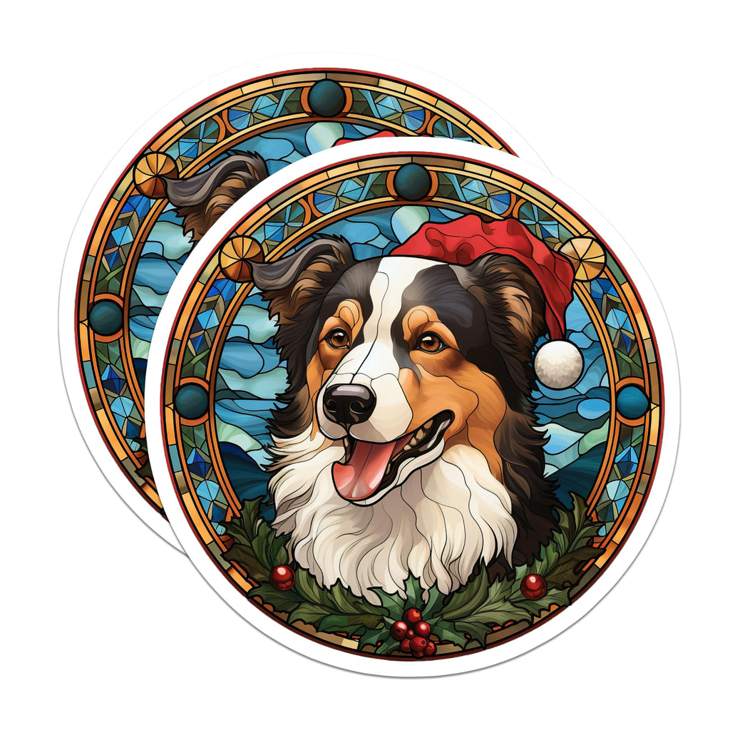 (2 Pack) Australian Shepherd Christmas Magnets - Stained Glass Dog Art - Festive Holiday Pet Decor - 5 Inches On Longest Side - Thick Durable Magnet - Made in USA - MAG27336