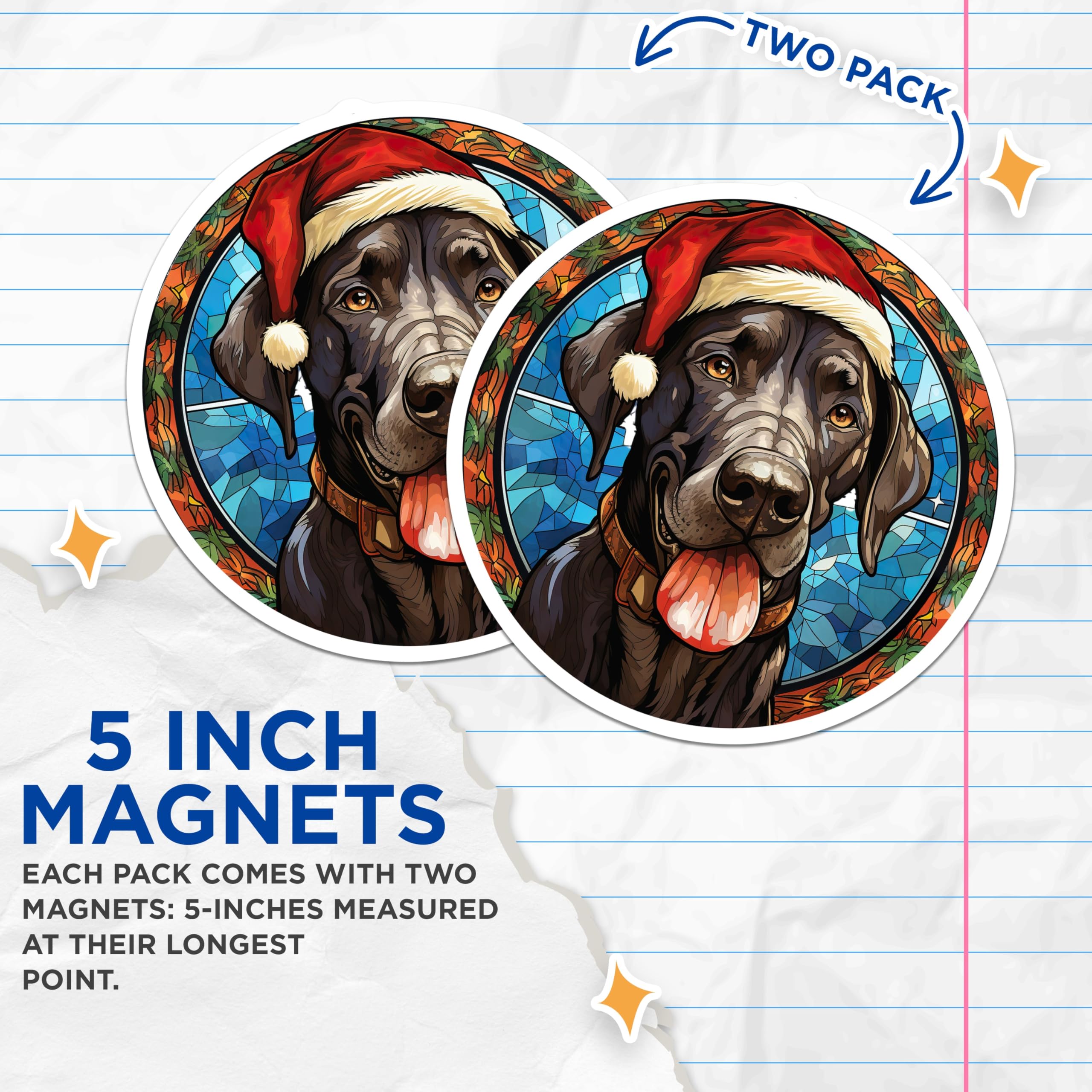 (2 Pack) Christmas Labrador Magnets - Stained Glass Dog Art - Santa Hat Canine Decor - Festive Pet Fridge Magnets - 5 Inches On Longest Side - Thick Durable Magnet - Made in USA - MAG24724
