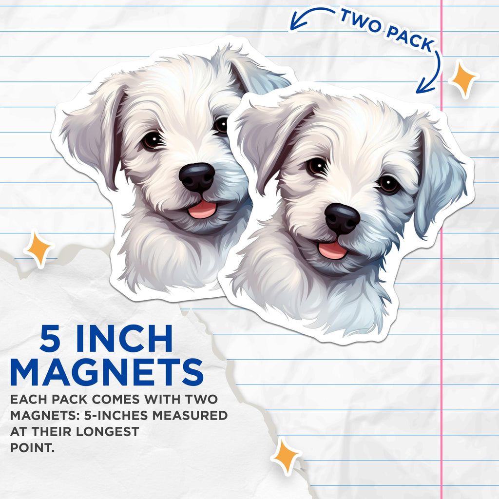 (2 Pack) Adorable White Puppy Magnets - Fluffy Dog Lover Decal - Fridge Locker Decor - 5 Inches On Longest Side - Thick Durable Magnet - Made in USA - MAG27505