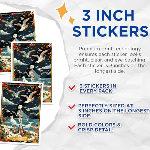 (3 Pack) Seagull Raid Decals - Skeleton Art - Beach Scene Decal - 3 Inches On Longest Side - Easy Peel & Apply - Made in USA - 3MCS0025