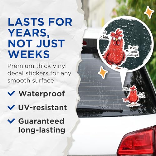 (2 Pack) Feather Challenged Rooster Stickers - Funny Animal Stickers - Humorous Quote Stickers - Farm Animal Stickers - 5" On Longest Side - Sticks to Any Smooth Flat Surface - Made in USA - BMCS2603
