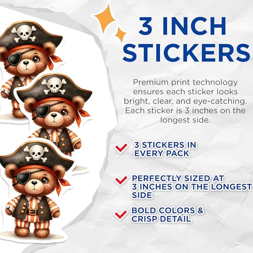 (3 Pack) Pirate Bear Decals - Cute Cartoon Stickers - Laptop Decal, Fun Accessories- 3 Inches On Longest Side - Easy Peel & Apply - Made in USA - 3MCS5543