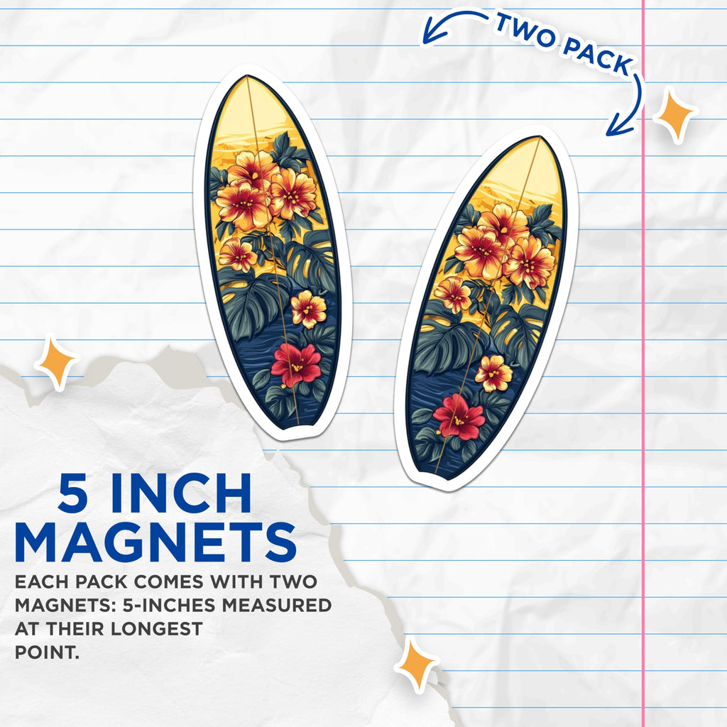(2 Pack) Surfboard Magnets - Tropical Floral Decor - Hawaiian Beach Vibes - 5 Inches On Longest Side - Thick Durable Magnet - Made in USA - MAG28408