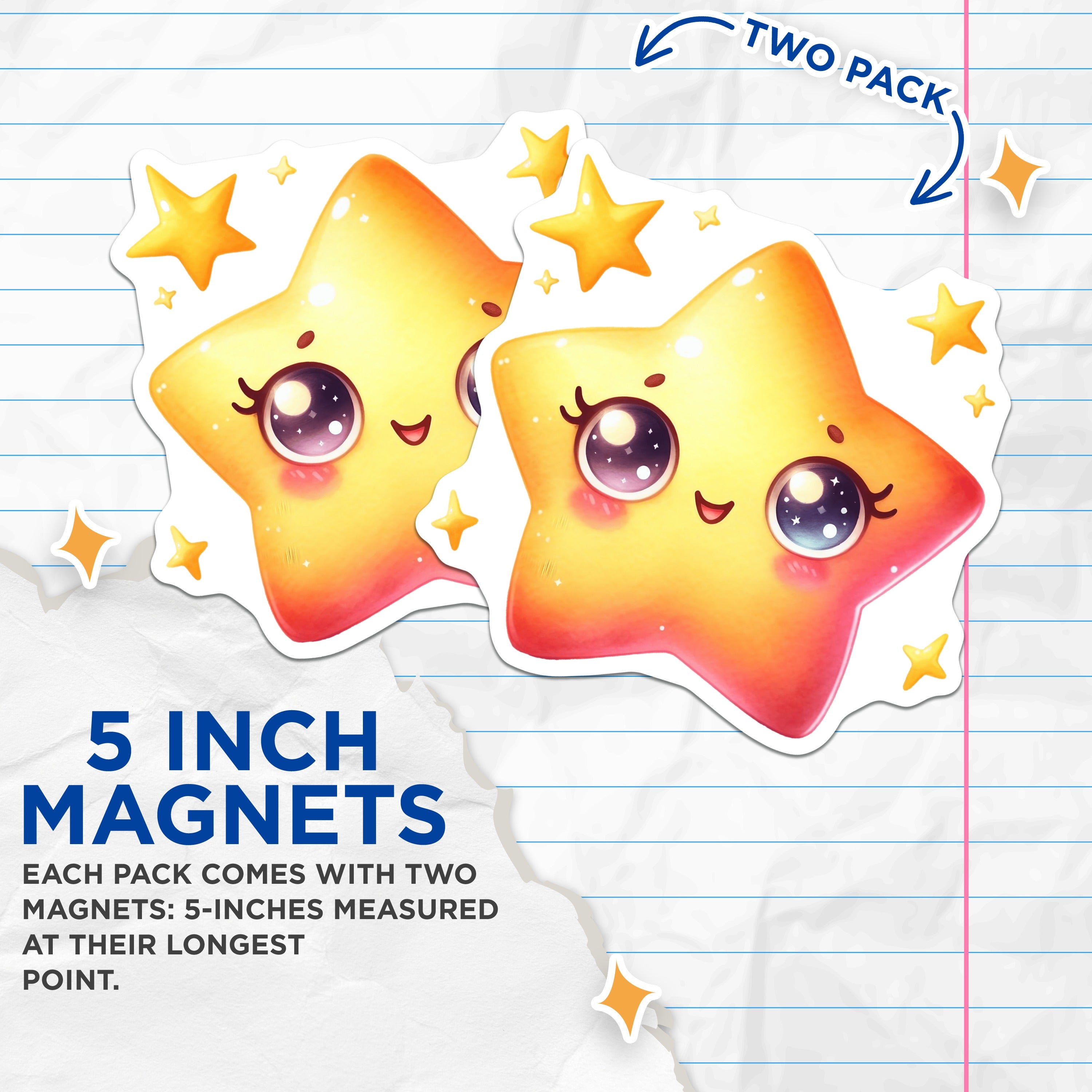 (2 Pack) Cute Star Face Magnets - Kawaii Aesthetic Decor - Positive Vibe Kitchen Accent - Kids Room Locker Magnet - 5 Inches On Longest Side - Thick Durable Magnet - Made in USA - MAG37731