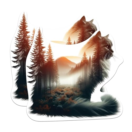 (2 Packs) Cat with Forest Stickers - Beautiful Nature Animal Forest Wilderness Decals - 5 Inches On Longest Side - Premium Vinyl Decal - Sticks to Any Smooth Flat Surface - Made in USA - BMCS2275