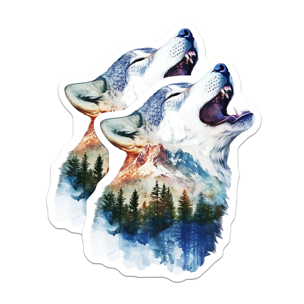 (2 Pack) Howling Wolf Stickers - Mountain Scene Decals - Forest Stickers - Adventure Stickers - 5" On Longest Side - Sticks to Smooth Flat Surfaces - Made in USA - BMCS15358