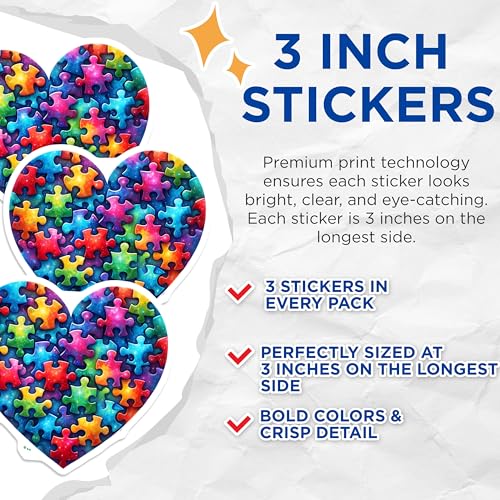 (3 Pack) Puzzle Heart Decals - Autism Awareness - Colorful Heart Stickers - 3 Inches On Longest Side - Easy Peel & Apply - Made in USA - 3MCS6670