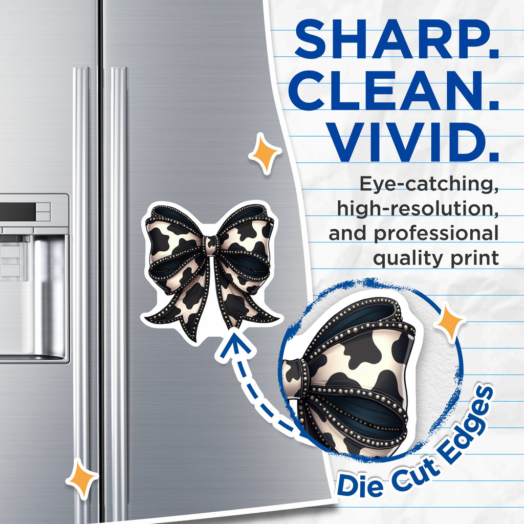 (2 Pack) Cow Print Bow Magnets - Western Farmhouse Decor - Studded Country Chic Refrigerator Magnets - 5 Inches On Longest Side - Thick Durable Magnet - Made in USA - MAG38729
