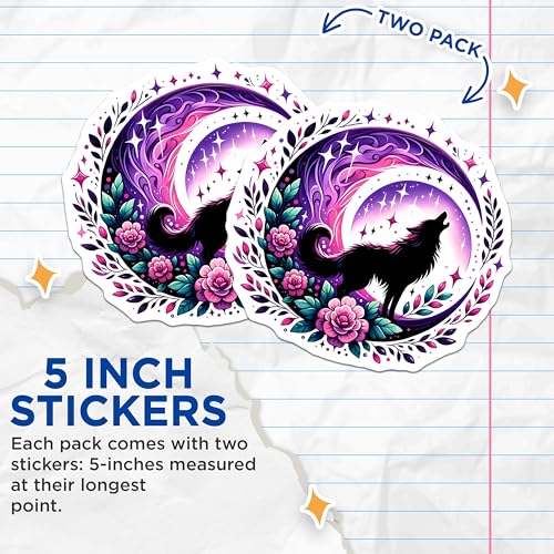 (2 Pack) Cosmic Wolf Howling Stickers - Mystical Moon Art - Fantasy Spirit Animal Decals - 5" On Longest Side - Sticks to Smooth Flat Surfaces - Made in USA - BMCS8069