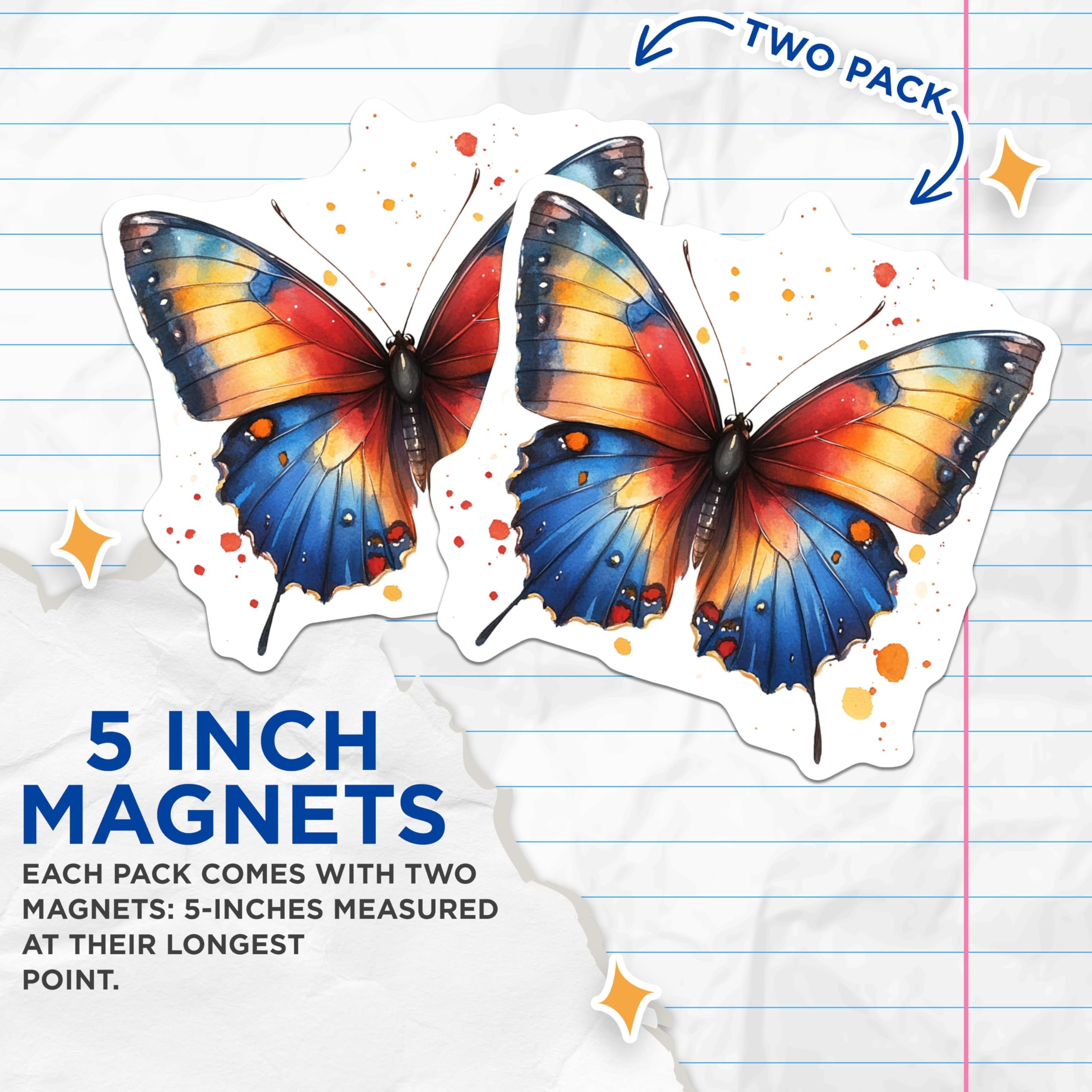(2 Pack) Vibrant Watercolor Butterfly Magnets - Nature Inspired Fridge Decor - Boho Kitchen Locker Art - 5 Inches On Longest Side - Thick Durable Magnet - Made in USA - MAG29956