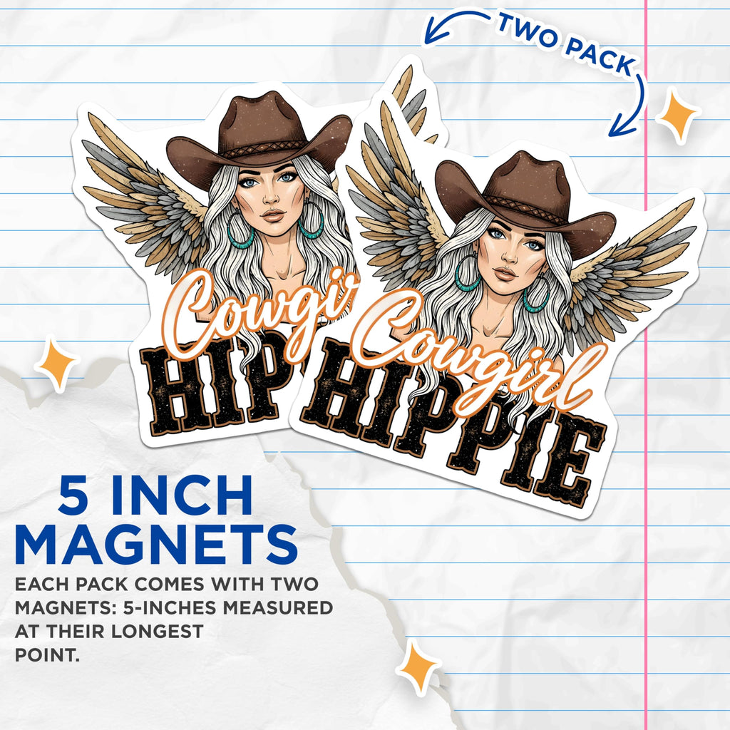 (2 Pack) Cowgirl Hippie Magnets - Western Boho Decor - Free Spirit Truck Accessories for Her - 5 Inches On Longest Side - Thick Durable Magnet - Made in USA - MAG28057