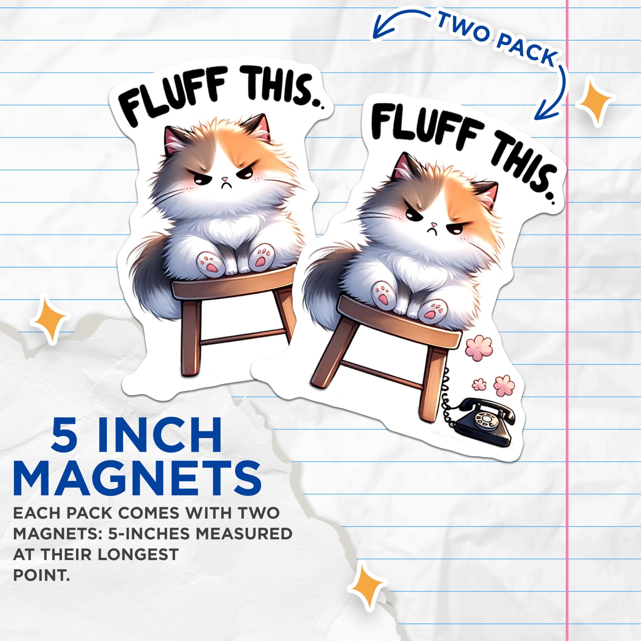 (2 Pack) Grumpy Cat Magnets - Fluffy Cat Design - Cute Animal Refrigerator Magnets - 5" On Longest Side - Premium Magnet - for Cars, Refrigerators, Toolboxes, Lockers - Made in USA - MAG15364
