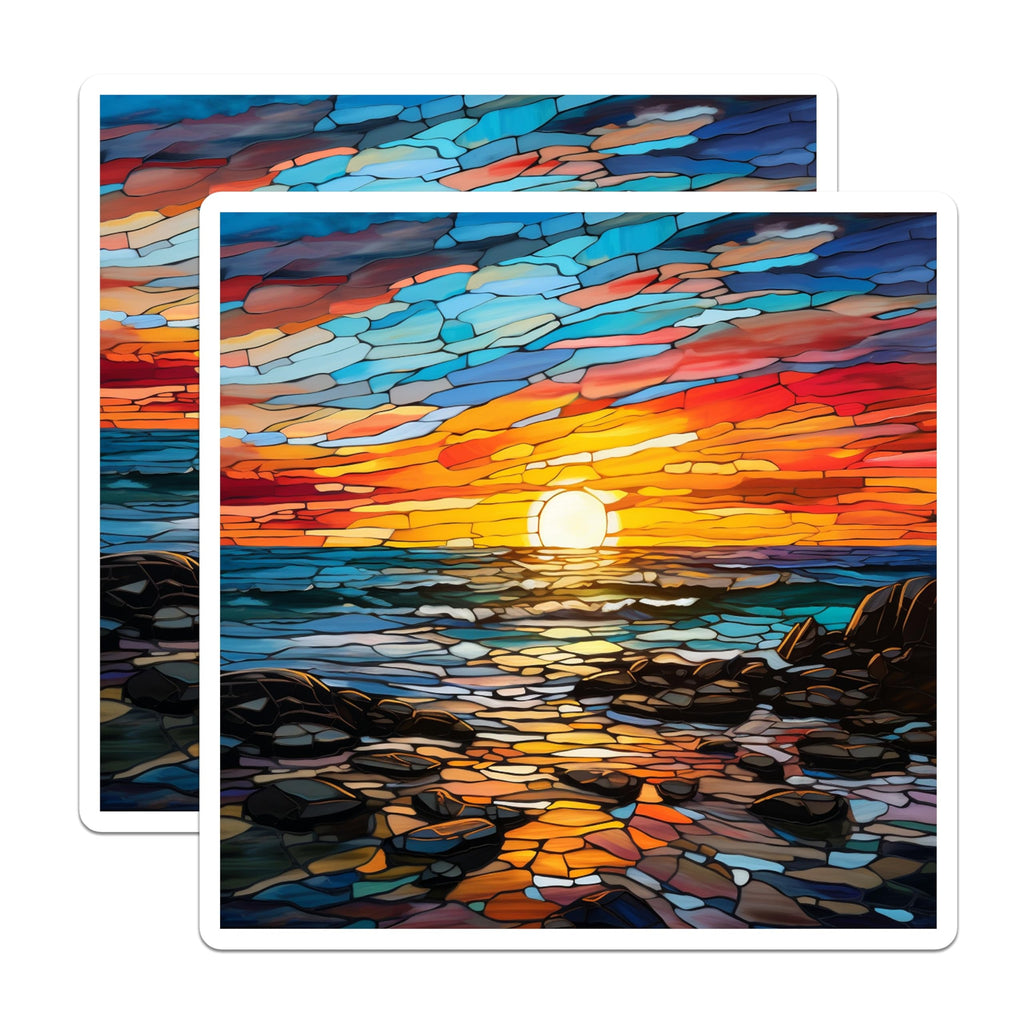 (2 Pack) Stained Glass Sunset Magnets - Ocean View Art - Coastal Beach Refrigerator Decor - 5 Inches On Longest Side - Thick Durable Magnet - Made in USA - MAG28350