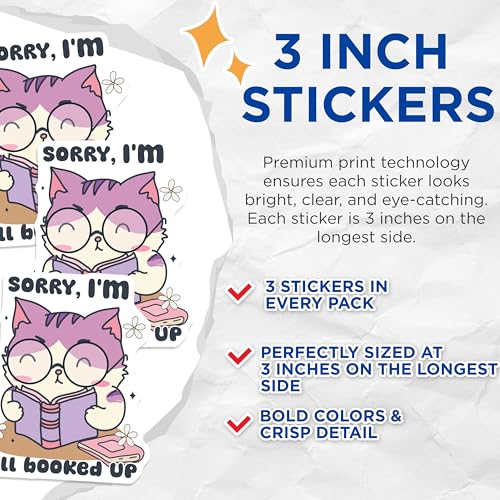 (3 Pack) Bookworm Cat Decals - All Booked Up Sticker - Cute Laptop Decals- 3 Inches On Longest Side - Easy Peel & Apply - Made in USA - 3MCS5803