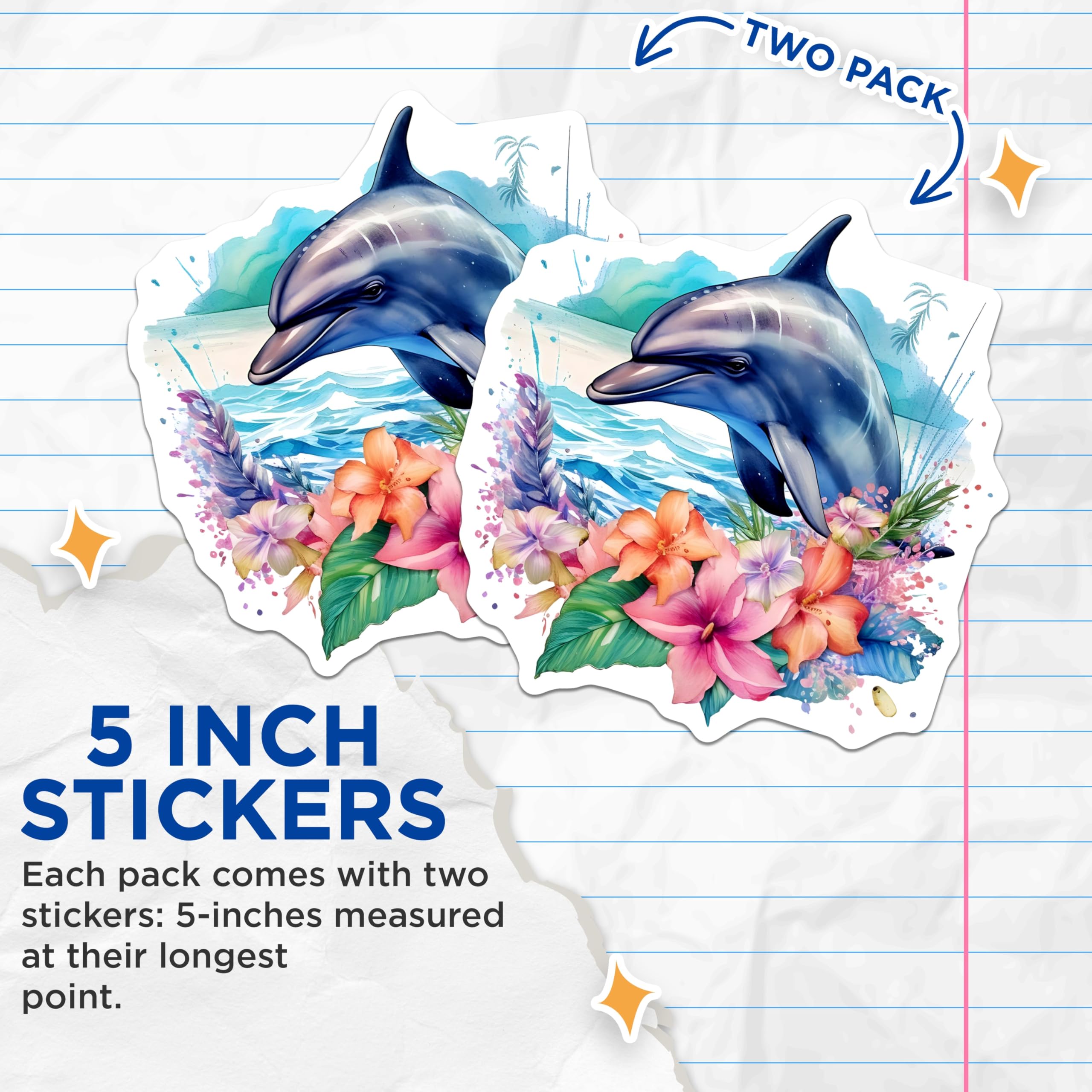 (2 Pack) Dolphin Stickers - Watercolor Ocean Life - Tropical Flower Art - 5" On Longest Side - Sticks to Smooth Flat Surfaces - Made in USA - BMCS20945