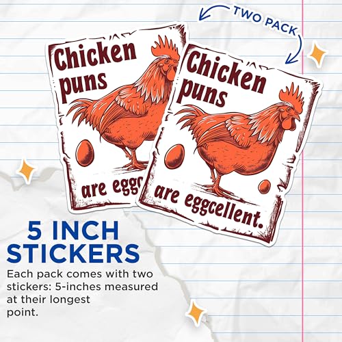(2 Pack) Chicken Puns Stickers - Funny Animal Stickers - Punny Stickers - 5" On Longest Side - Sticks to Any Smooth Flat Surface - Made in USA - BMCS2591