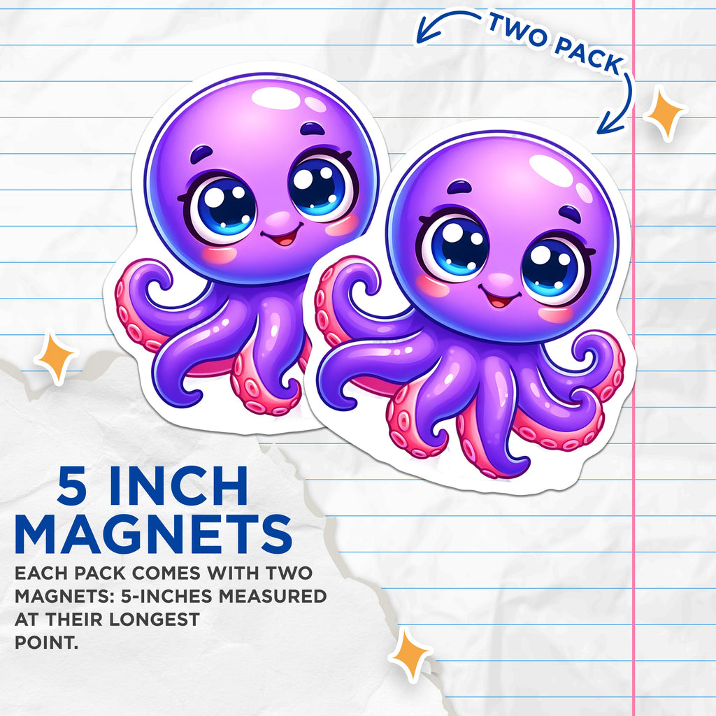 (2 Pack) Kawaii Octopus Magnets - Vibrant Sea Life Decor - Cheerful Refrigerator Art Accents - 5 Inches On Longest Side - Thick Durable Magnet - Made in USA - MAG39475