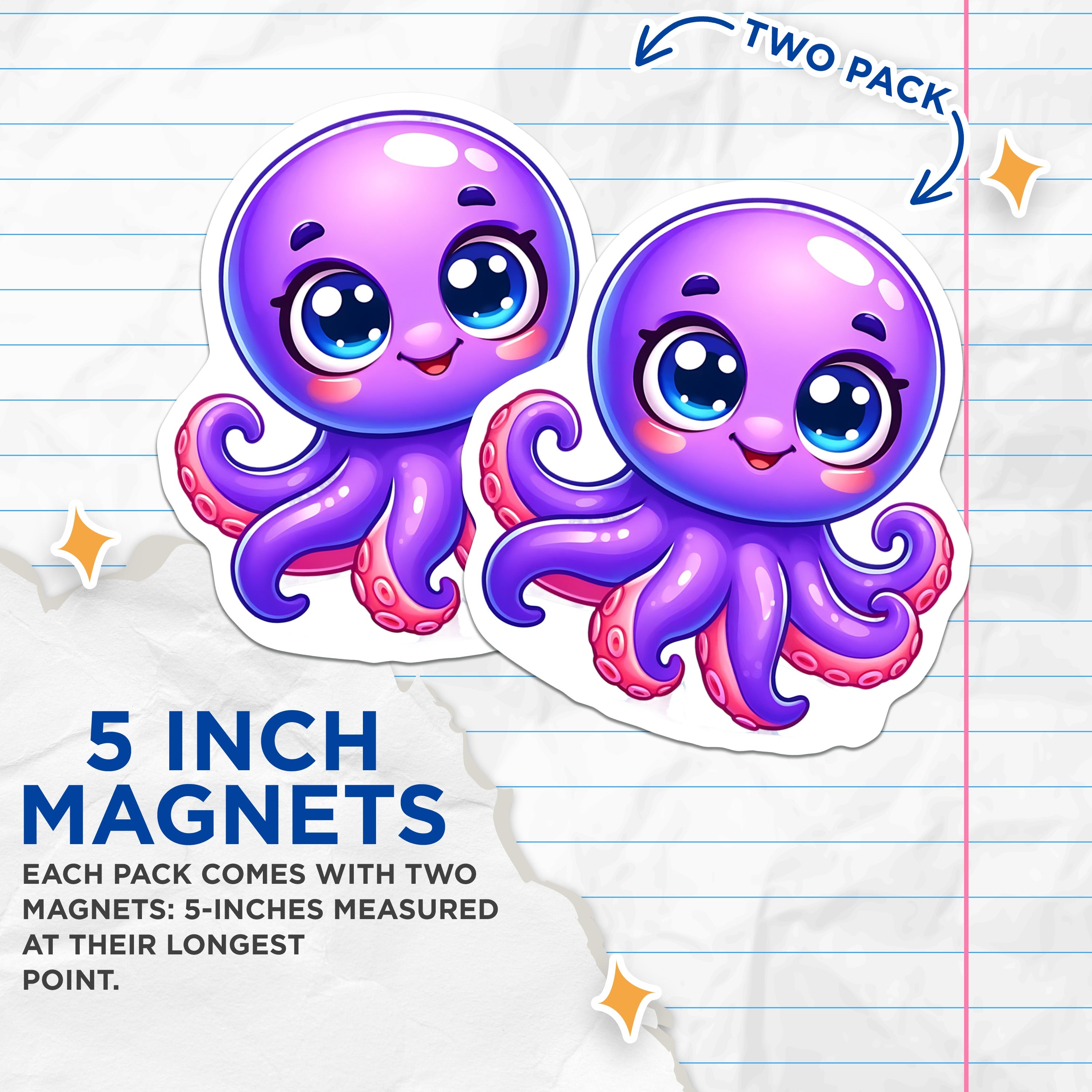 (2 Pack) Kawaii Octopus Magnets - Vibrant Sea Life Decor - Cheerful Refrigerator Art Accents - 5 Inches On Longest Side - Thick Durable Magnet - Made in USA - MAG39475
