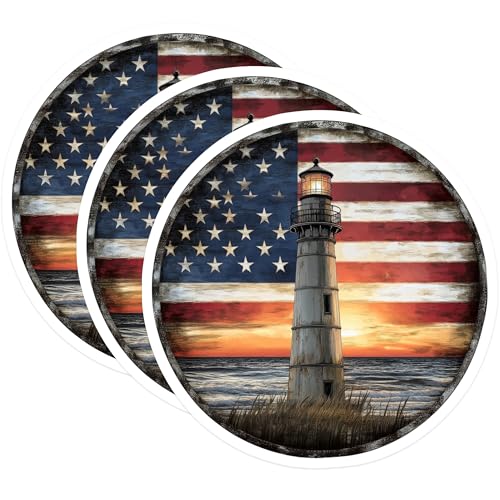 (3 Pack) Lighthouse American Flag Decals - Patriotic USA - Coastal Decor Stickers - 3 Inches On Longest Side - Easy Peel & Apply - Made in USA - 3MCS8195