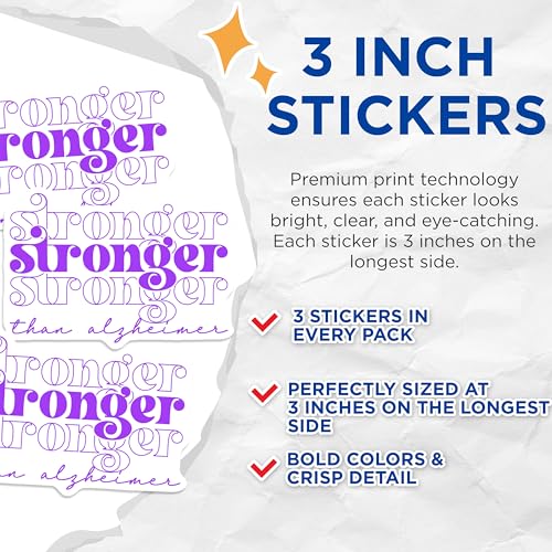 (3 Pack) Alzheimer Awareness Decals - Purple Ribbon Decal - Stronger Than Alzheimer Laptop Decal - 3 Inches On Longest Side - Easy Peel & Apply - Made in USA - 3MCS8561