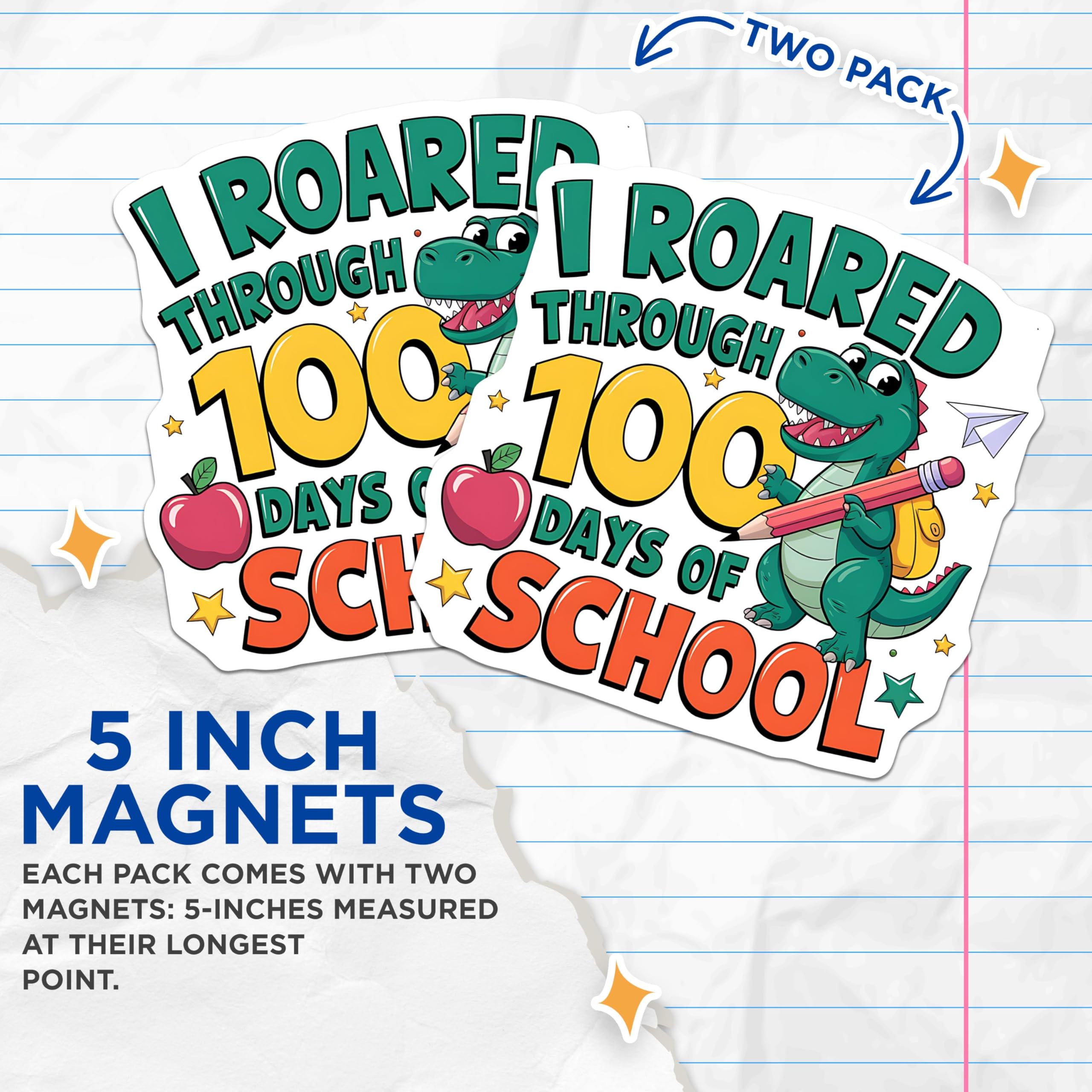 (2 Pack) Fun School Magnets - 100 Days of School Magnets - Dino Classroom Decor Magnets for Teachers - 5" On Longest Side - for Cars, Refrigerators, Toolboxes, Lockers - Made in USA BMCS3502