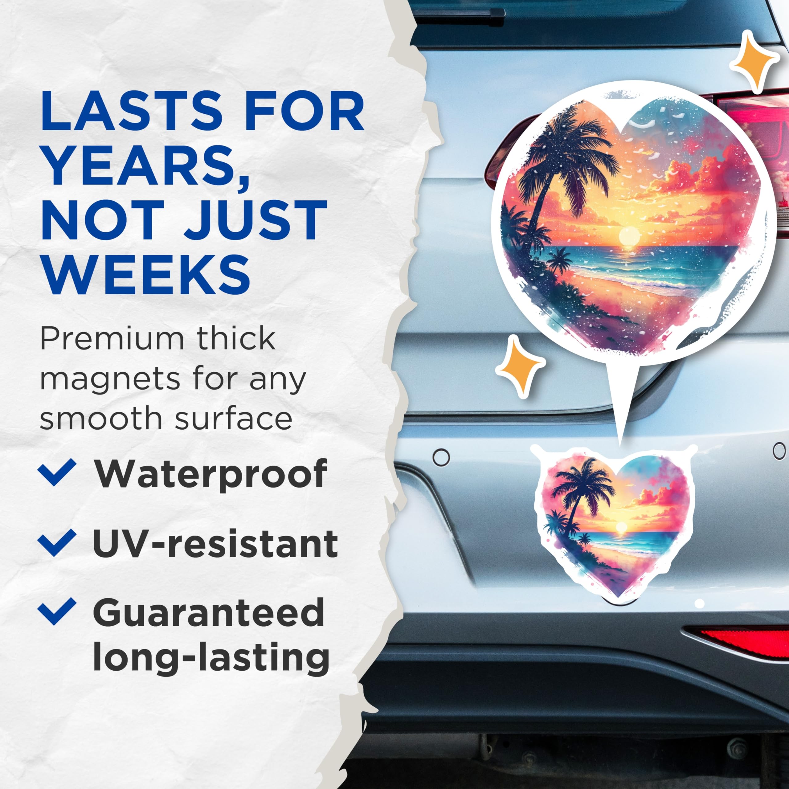 (2 Pack) Sunset Beach Magnets - Heart Ocean Scene - Palm Tree Refrigerator Decor - 5 Inches On Longest Side - Thick Durable Magnet - Made in USA - MAG25286