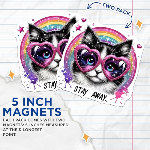 (2 Pack) Stay Away Cat Magnets - Cute Cat Magnets - Rainbow Cat Magnets - Heart Glasses Cat Magnets - 5" On Longest Side - for Cars, Fridges, Toolboxes - Made in USA - MAG4588