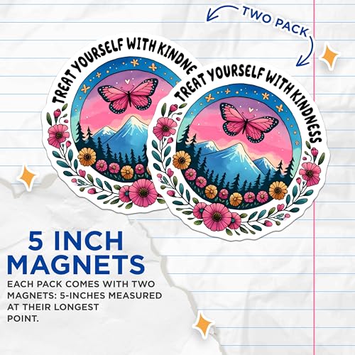 (2 Pack) Treat Yourself with Kindness Magnets - Motivational Butterfly Magnets - Nature Landscape Magnets - 5" On Longest Side - for Cars, Refrigerators, Toolboxes, Lockers - Made in USA BMCS3222