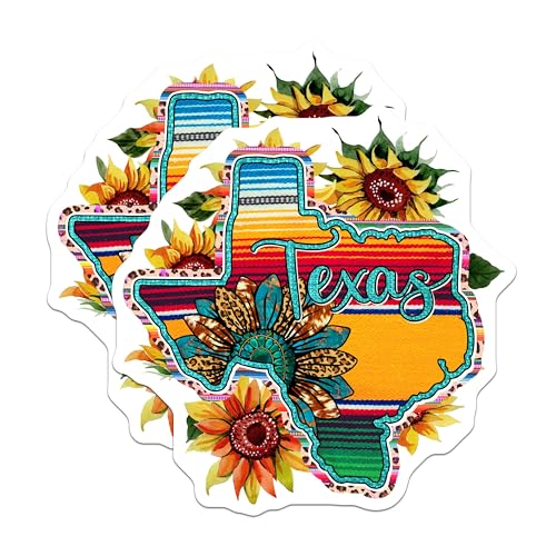 (2 Pack) Texas Sunflower Stickers - Colorful State Outline - Boho Sunflower Texas Decor - 5" On Longest Side - Sticks to Smooth Flat Surfaces - Made in USA - BMCS5729