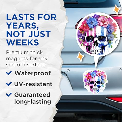 (2 Pack) Skull Flower Magnets - Unique Floral Skull Magnets - Colorful Skull Art Magnets for Fridge - 5" On Longest Side - for Cars, Fridges, Toolboxes - Made in USA - MAG7128