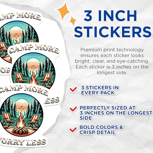 (3 Pack) Camp More Worry Less Decals - Camping Laptop Decals - Outdoor Adventure Stickers- 3 Inches On Longest Side - Easy Peel & Apply - Made in USA - 3MCS5680