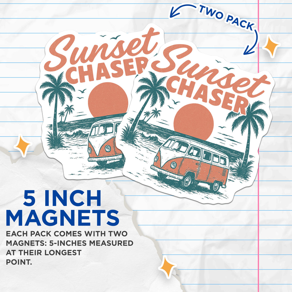 (2 Pack) Sunset Chaser Magnets - VW Bus Beach Van - Coastal Decor - Retro Travel - Wanderlust Accessory - 5 Inches On Longest Side - Thick Durable Magnet - Made in USA - MAG39288