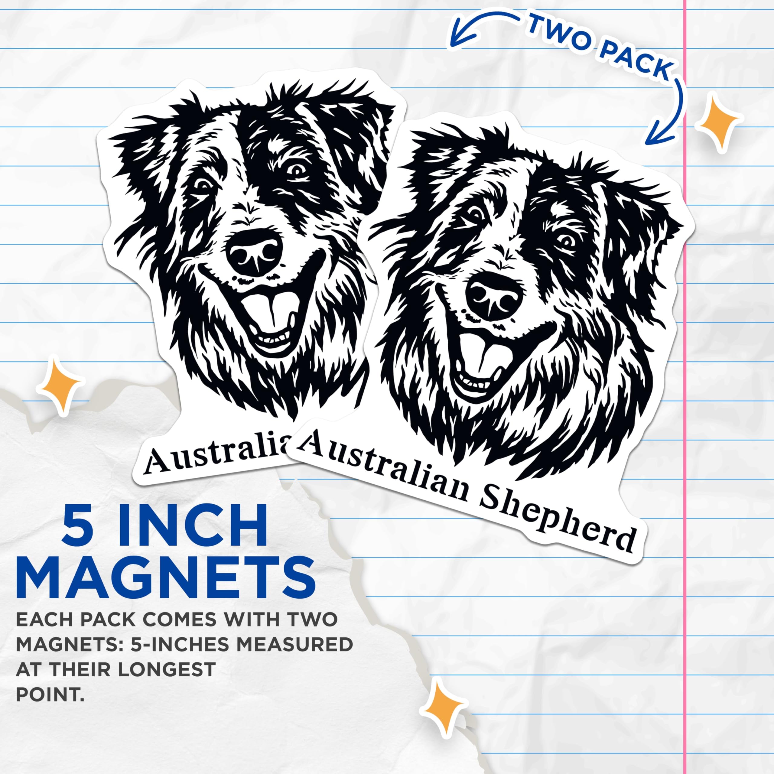 (2 Pack) Australian Shepherd Magnets - Dog Lover Fridge Magnets - Pet Animal Art - Cute Dog Magnets for Home Office - 5" On Longest Side - for Cars, Fridges, Toolboxes - Made in USA - MAG4009