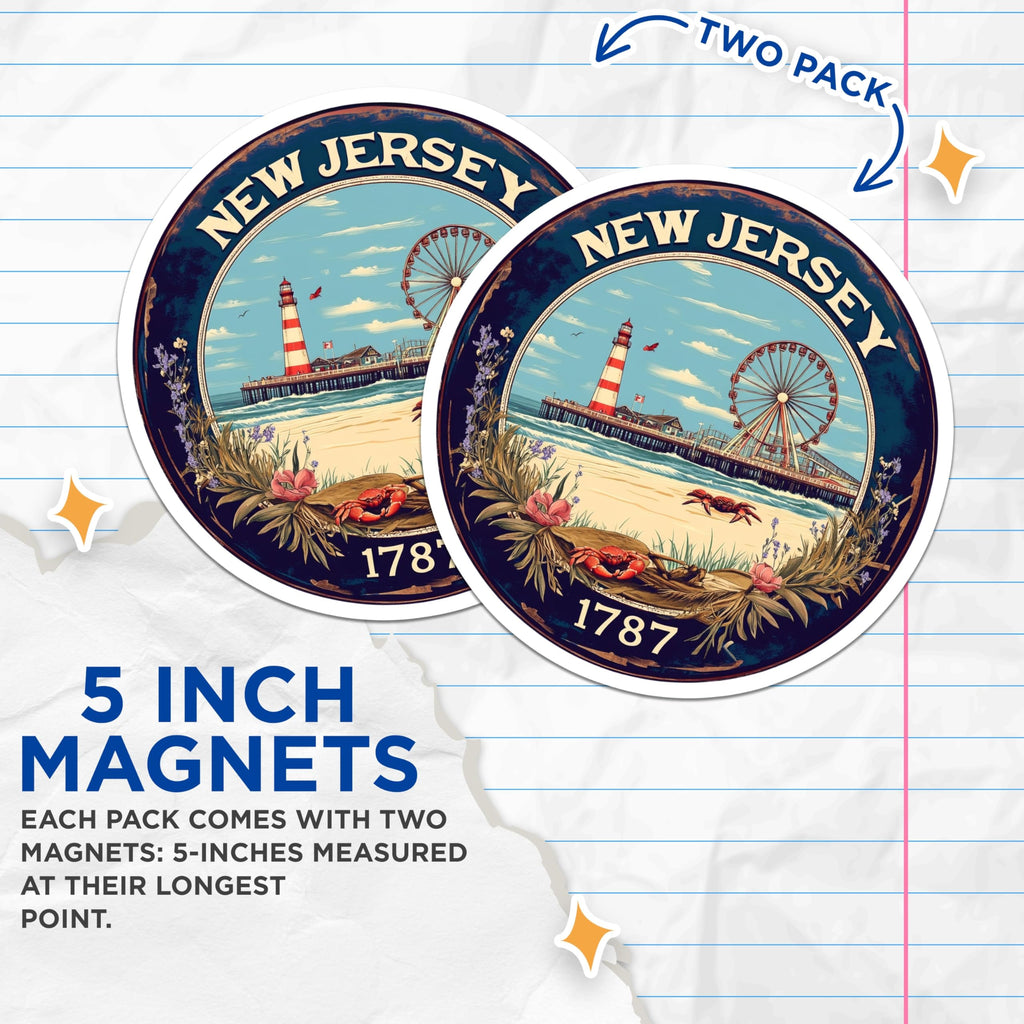 (2 Pack) New Jersey Magnets - State Seal - Beach and Boardwalk Souvenirs - 5" On Longest Side - Premium Magnet - for Cars, Refrigerators, Toolboxes, Lockers - Made in USA - MAG16348