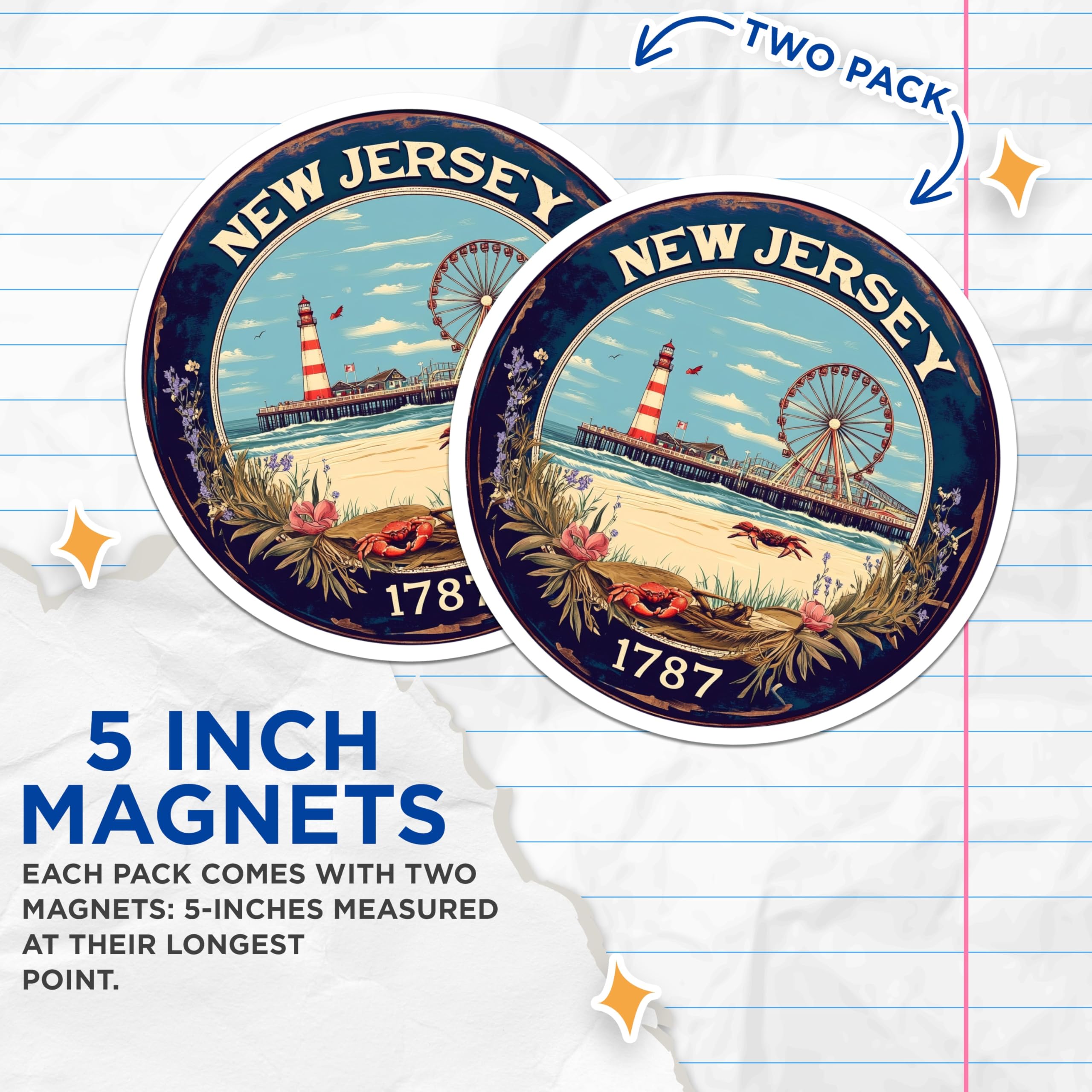(2 Pack) New Jersey Magnets - State Seal - Beach and Boardwalk Souvenirs - 5" On Longest Side - Premium Magnet - for Cars, Refrigerators, Toolboxes, Lockers - Made in USA - MAG16348