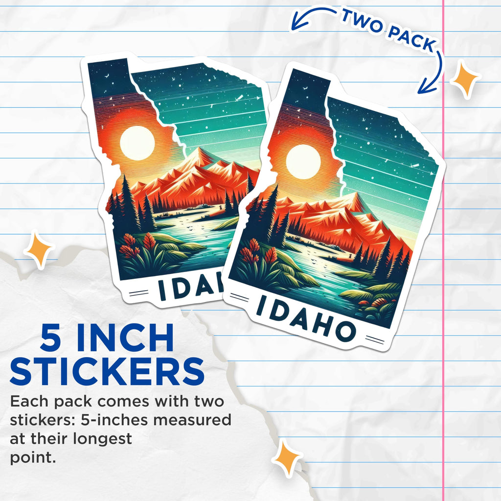 (2 Pack) Idaho Scenic Mountain Stickers - Nature Landscape - Travel Souvenir - Outdoor Adventure - 5" On Longest Side - Sticks to Smooth Flat Surfaces - Made in USA - BMCS5097