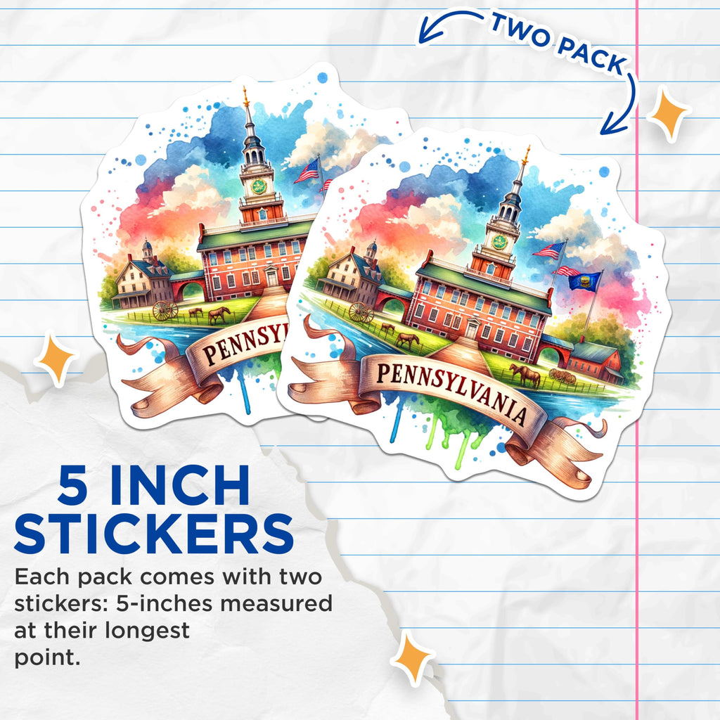 (2 Pack) Pennsylvania State Sticker - Travel Souvenir - State Pride - 5" On Longest Side - Sticks to Smooth Flat Surfaces - Made in USA - BMCS6739