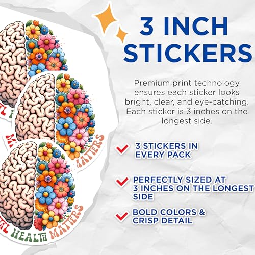 (3 Pack) Mental Health Matters Decals - Brain Flower Stickers - Laptop Decals - 3 Inches On Longest Side - Easy Peel & Apply - Made in USA - 3MCS2023