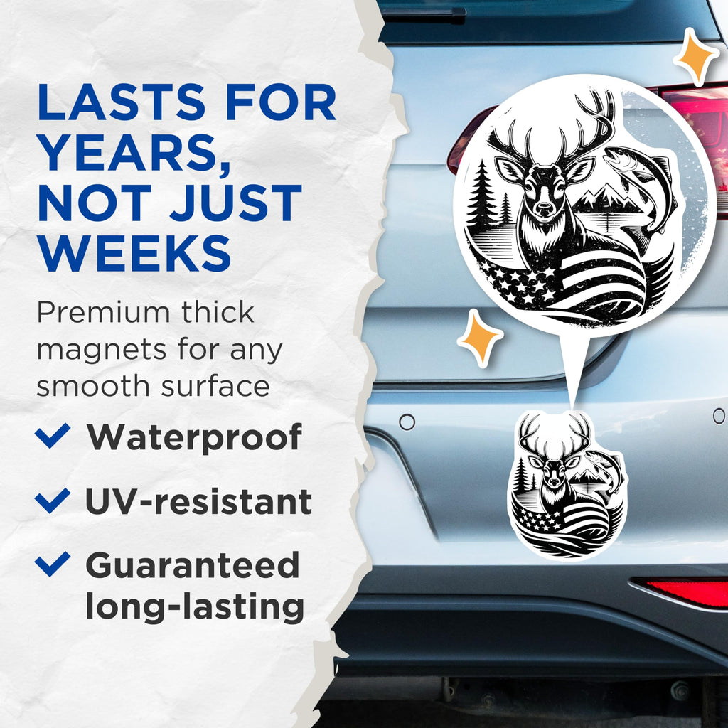 (2 Pack) Deer and Fish Magnets - USA Flag Wildlife - Hunting Fishing Decor - 5" On Longest Side - Premium Magnet - for Cars, Refrigerators, Toolboxes, Lockers - Made in USA - MAG16894