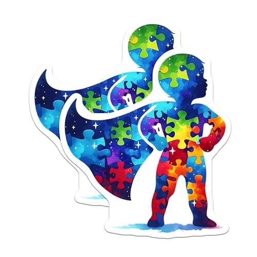 (2 Pack) Autism Awareness Puzzle Piece Stickers - Superhero Design - Colorful Vinyl - 5" On Longest Side - Sticks to Smooth Flat Surfaces - Made in USA - BMCS7890