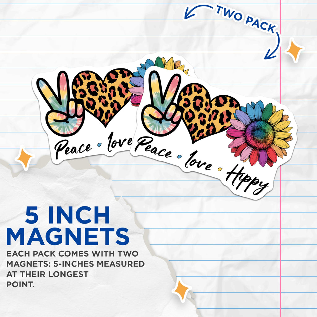 (2 Pack) Peace Love Hippy Magnets - Tie Dye Peace Sign - Leopard Heart Rainbow Sunflower - 5" On Longest Side - Premium Magnet - for Cars, Refrigerators, Toolboxes, Lockers - Made in USA - MAG14841