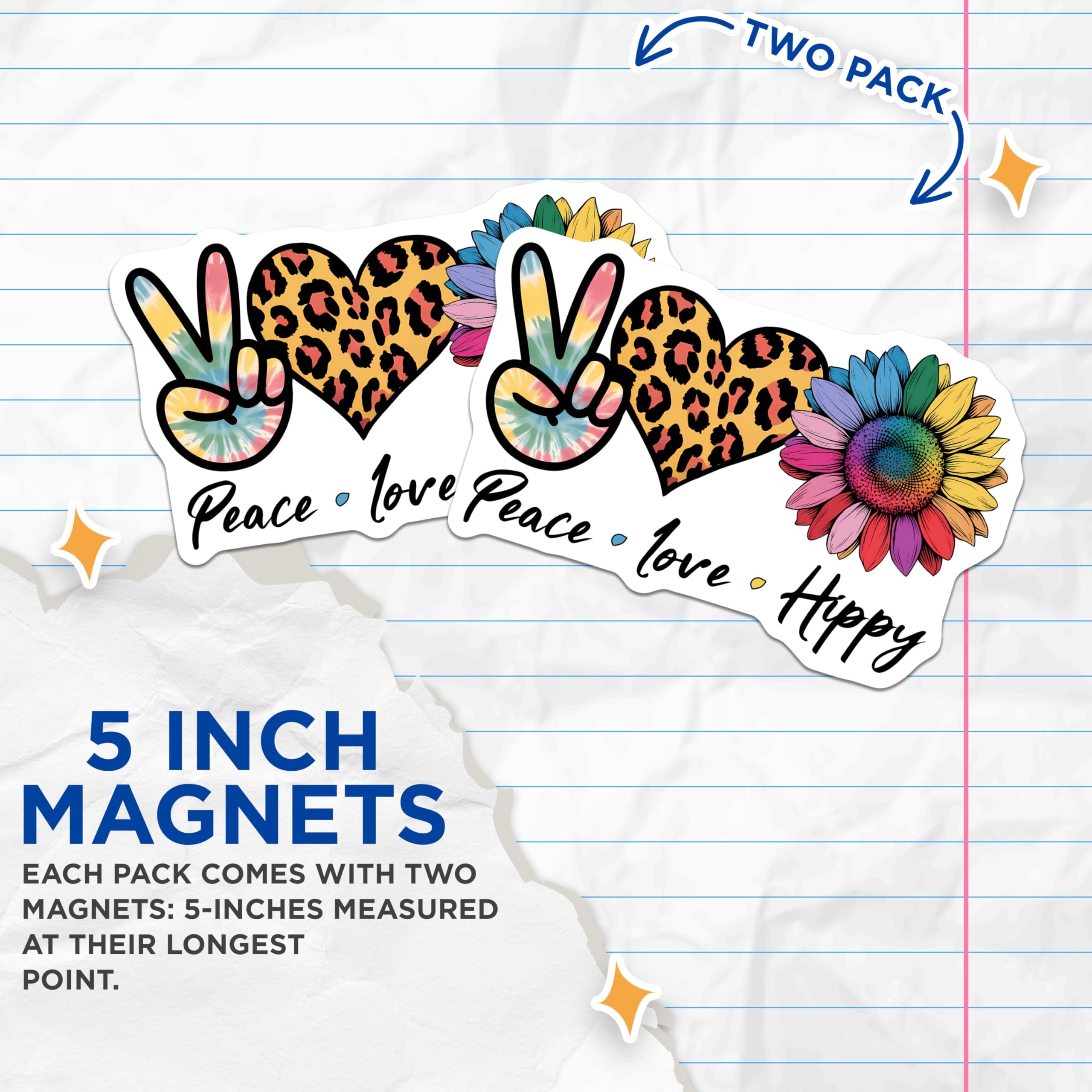(2 Pack) Peace Love Hippy Magnets - Tie Dye Peace Sign - Leopard Heart Rainbow Sunflower - 5" On Longest Side - Premium Magnet - for Cars, Refrigerators, Toolboxes, Lockers - Made in USA - MAG14841