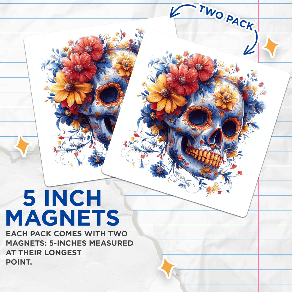 (2 Pack) Sugar Skull Magnets - Day of the Dead Decor - Calavera Floral Art - 5 Inches On Longest Side - Thick Durable Magnet - Made in USA - MAG26965